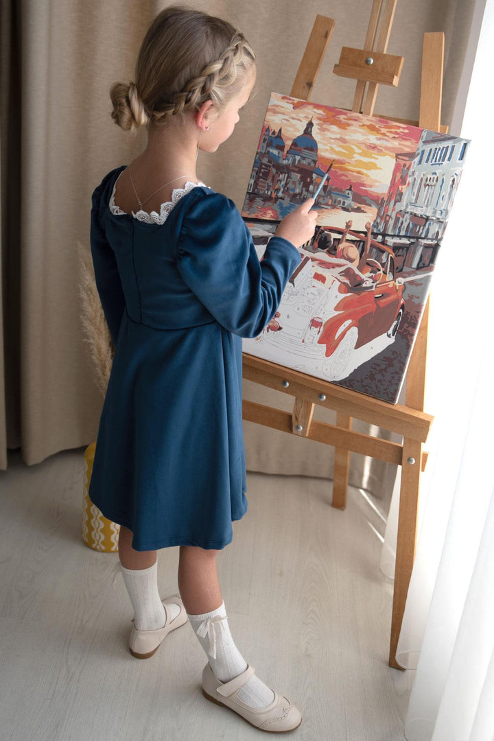 BRE Breeze Girl Child Velvet Dress Collar Lace Back Zipper 62 Years, Navy Blue - Hamilton