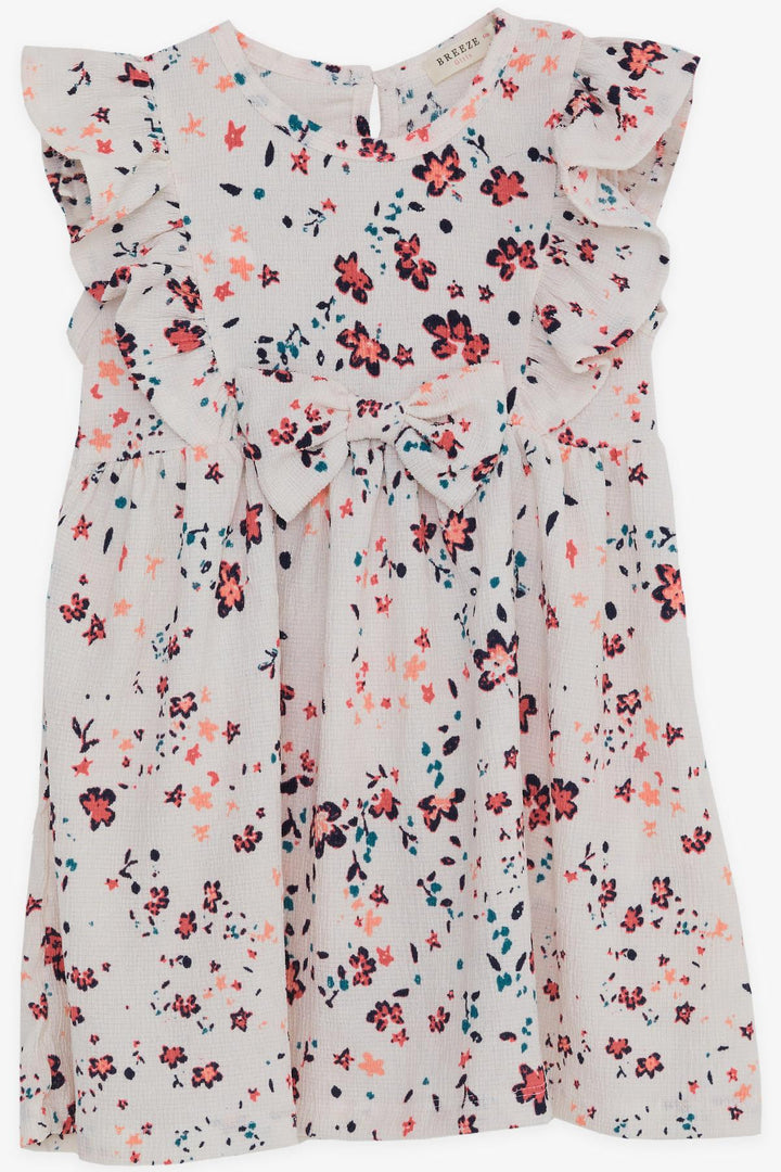 BRE Breeze Girl's Short Sleeve Dress with Flower Patterned Frilly Sleeves and Ruffle Trim, 3-8 Years, Ecru - Năvodari