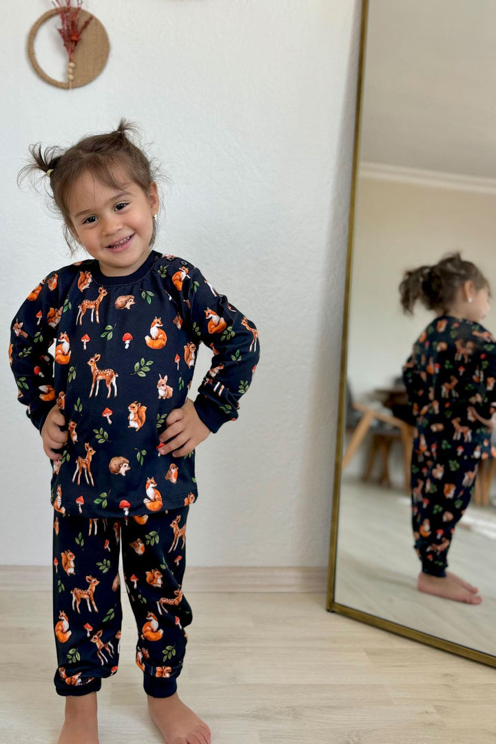 BRE Breeze Girl's Pyjama Set Forest Themed Cute Animals 1-4 Years, Anthracite - Saanich