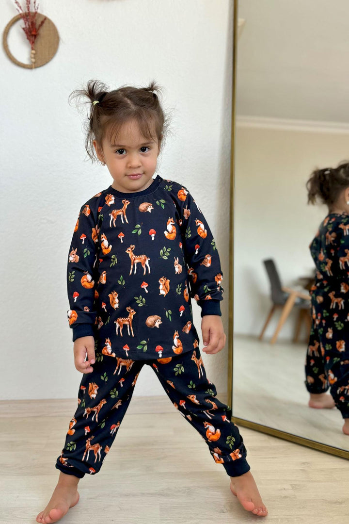 BRE Breeze Girl's Pyjama Set Forest Themed Cute Animals 1-4 Years, Anthracite - Saanich