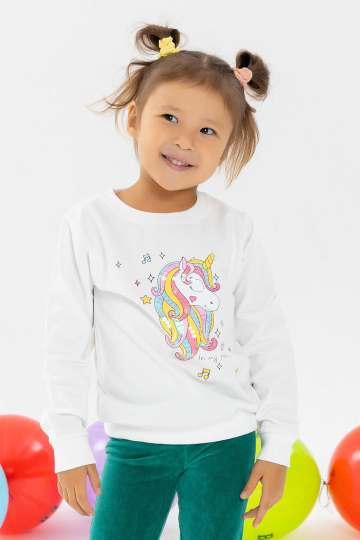 BRE Breeze Girl Child Sweatshirt Printed Sequined Unicorn 2-6 Years, Ecru - Quincy
