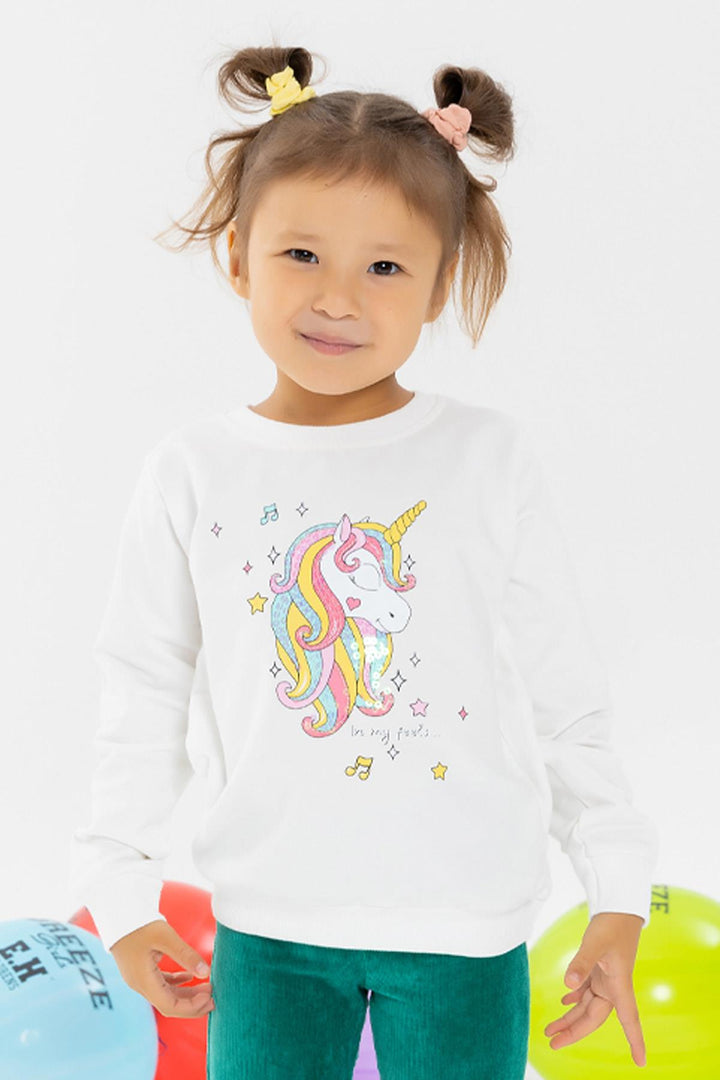 BRE Breeze Girl Child Sweatshirt Printed Sequined Unicorn 2-6 Years, Ecru - Quincy