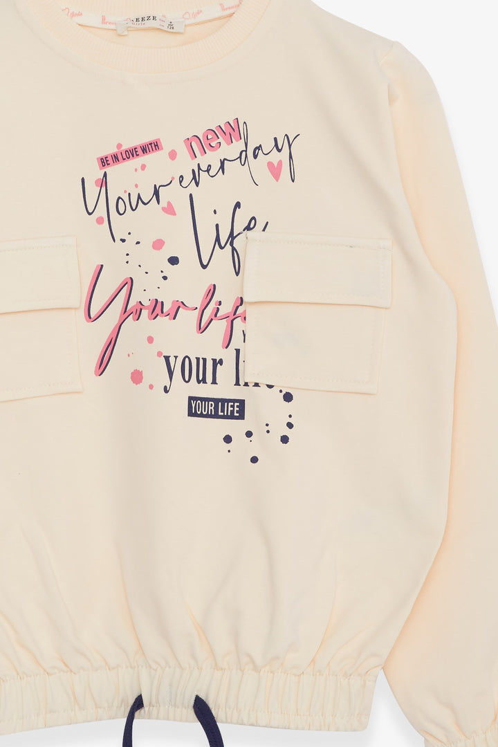 BRE Breeze Girl's Sweatshirt with Pocket and Printed Writing, 84 Years, Cream - Burnaby