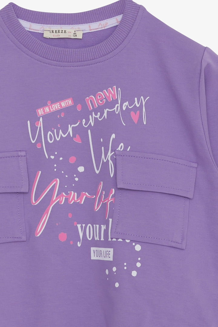 BRE Breeze Girl's Sweatshirt with Pocket and Printed Text, 84 Years, Lilac - Grand Junction