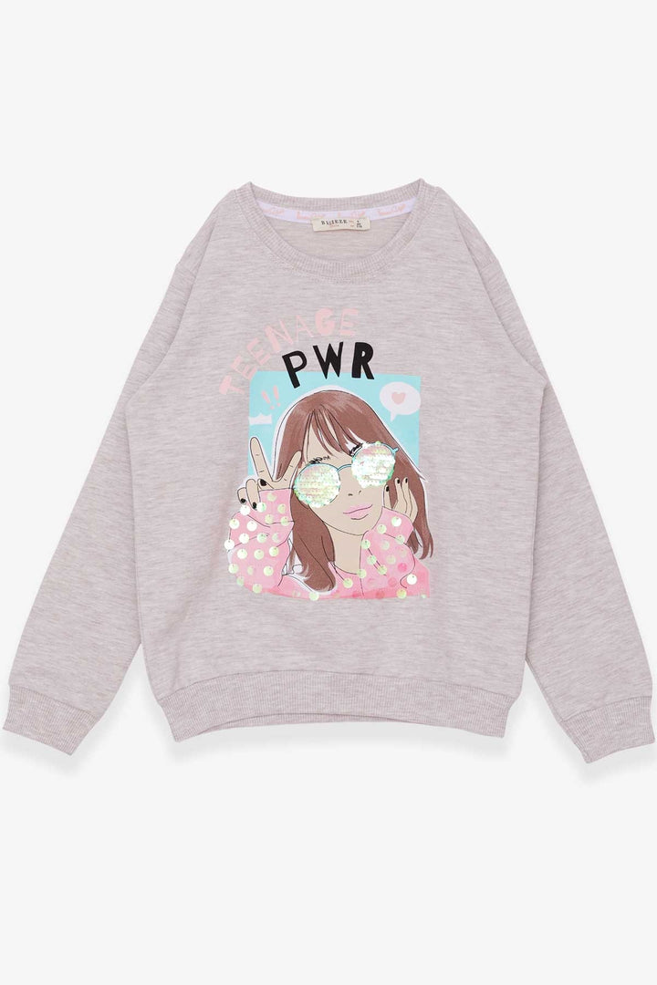 BRE Breeze Girl Child Sweatshirt with Glasses Sequined Girl Printed 62 Years, Beige Melange - Lower Paxton