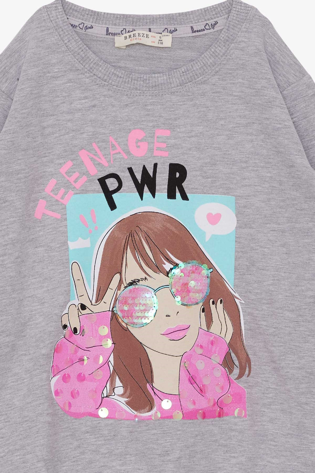 BRE Breeze Girl Child Sweatshirt with Glasses Sequined Girl Printed 62 Years, Grey Melange - Kiel