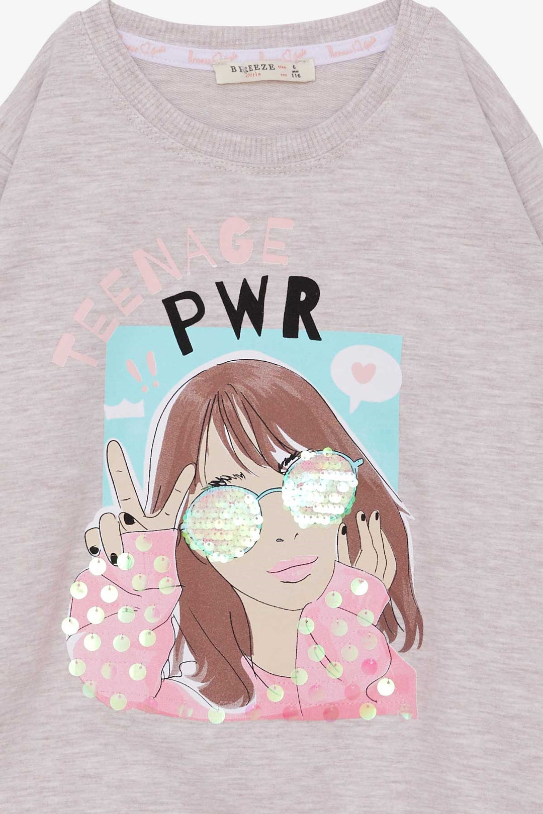 BRE Breeze Girl Child Sweatshirt with Glasses Sequined Girl Printed 62 Years, Beige Melange - Lower Paxton