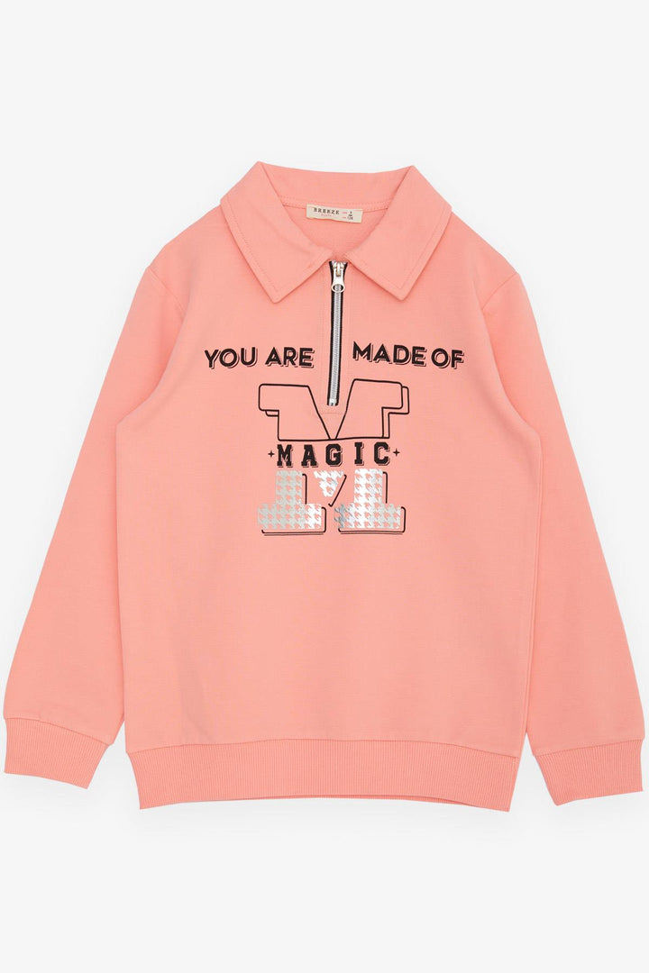 BRE Breeze Girl Child Sweatshirt with Magic Print Half Zip Polo Collar 84 Years, Salmon - Las Palmas