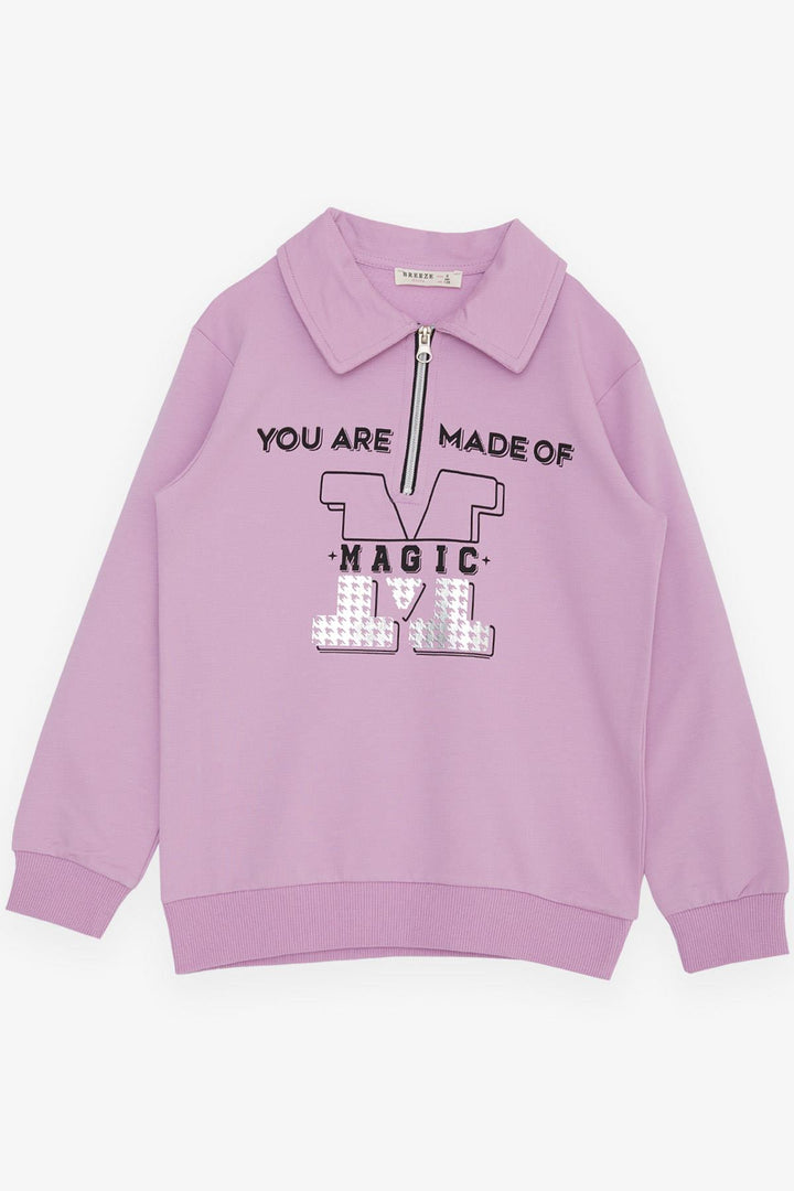 BRE Breeze Girl Child Sweatshirt with Magic Print Half Zip Polo Neck 84 Years, Lilac - South Jordan