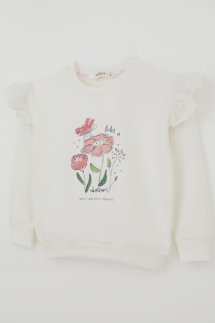BRE Breeze Girl Child Sweatshirt with Flower Embroidery Detailed Flower Printed 2-6 Years, Ecru - Sesto Fiorentino
