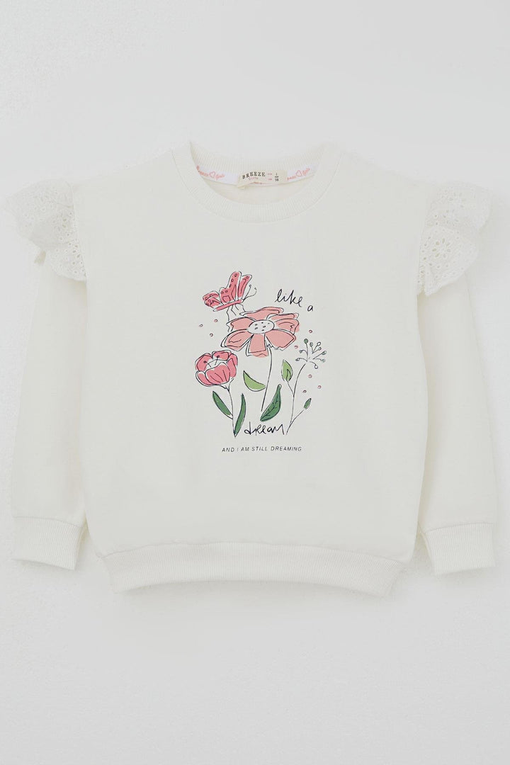 BRE Breeze Girl Child Sweatshirt with Flower Embroidery Detailed Flower Printed 2-6 Years, Ecru - Sesto Fiorentino