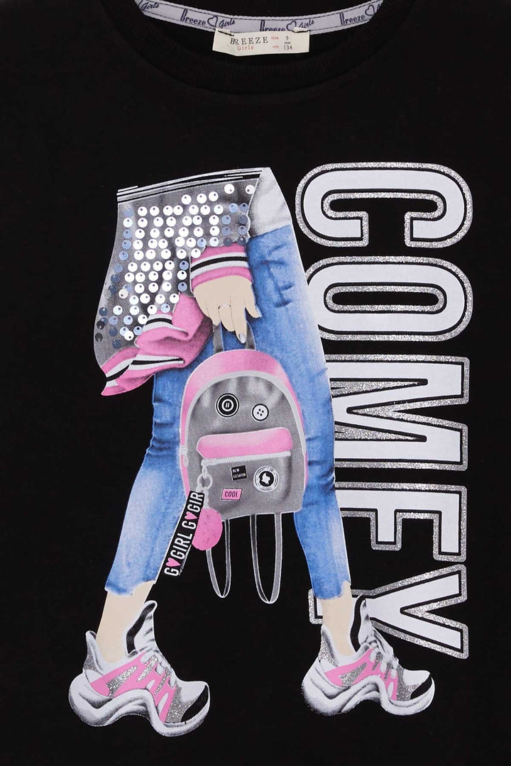 BRE Breeze Girl's Sweatshirt with Sequin Print, 94 Years, Black - Cerignola