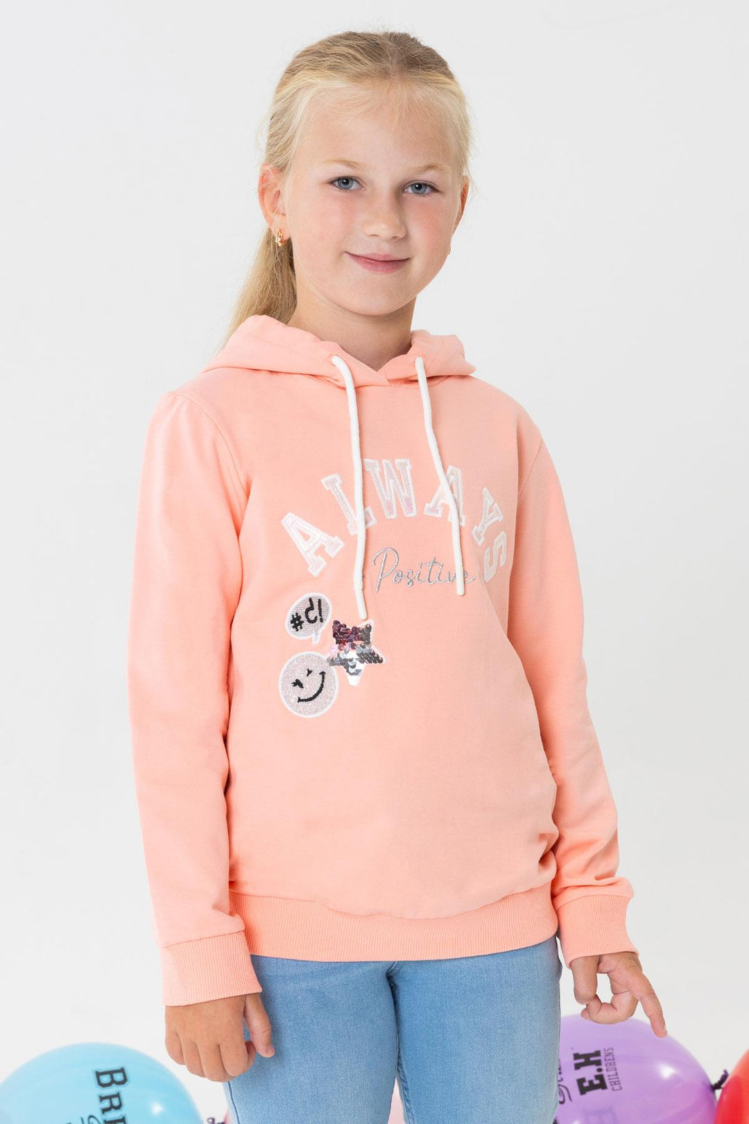 BRE Breeze Girl Child Sweatshirt with Sequined Smiling Face Print, 4-9 Years, Salmon - Ashburn