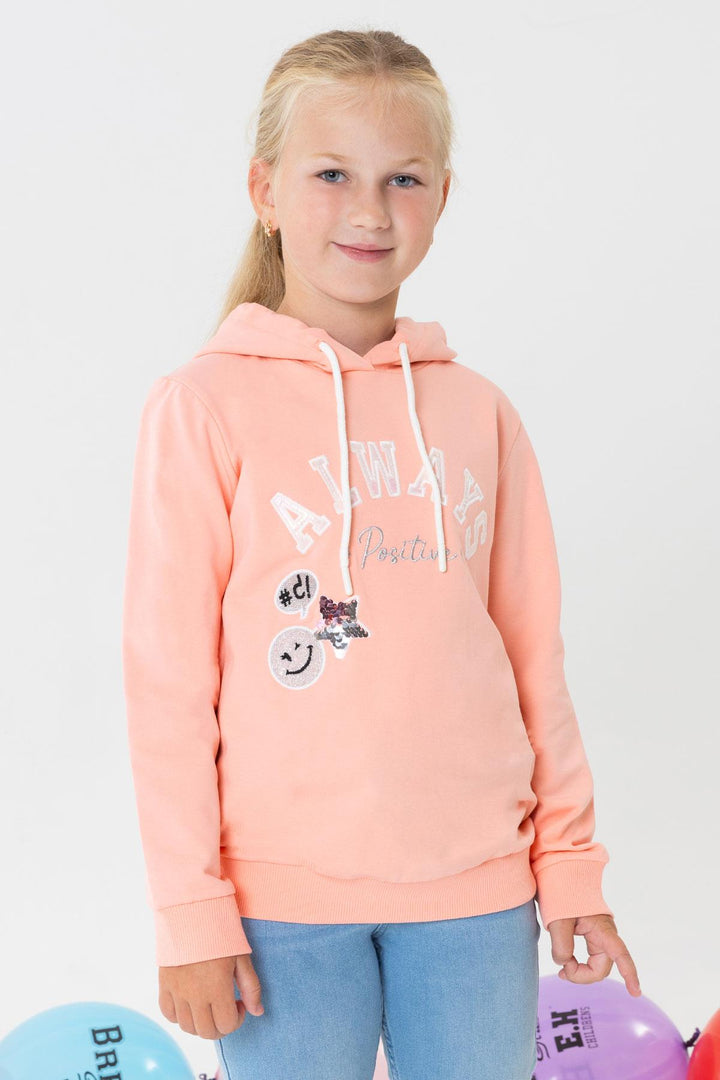 BRE Breeze Girl Child Sweatshirt with Sequined Smiling Face Print, 4-9 Years, Salmon - Ashburn