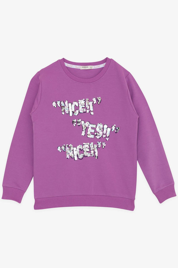 BRE Breeze Girl's Sweatshirt with Sequin Printed Text 84 Years, Purple - Acilia