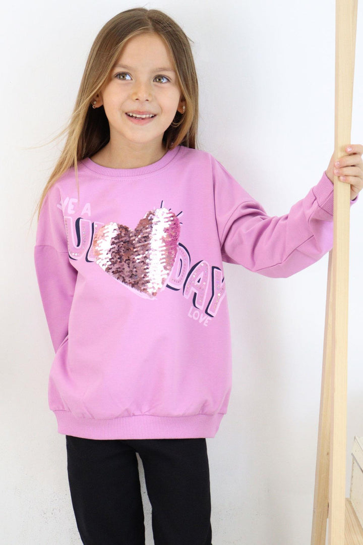 BRE Breeze Girl's Sweatshirt with Sequin Printed Text, 4-8 Years, Lilac - Long Beach