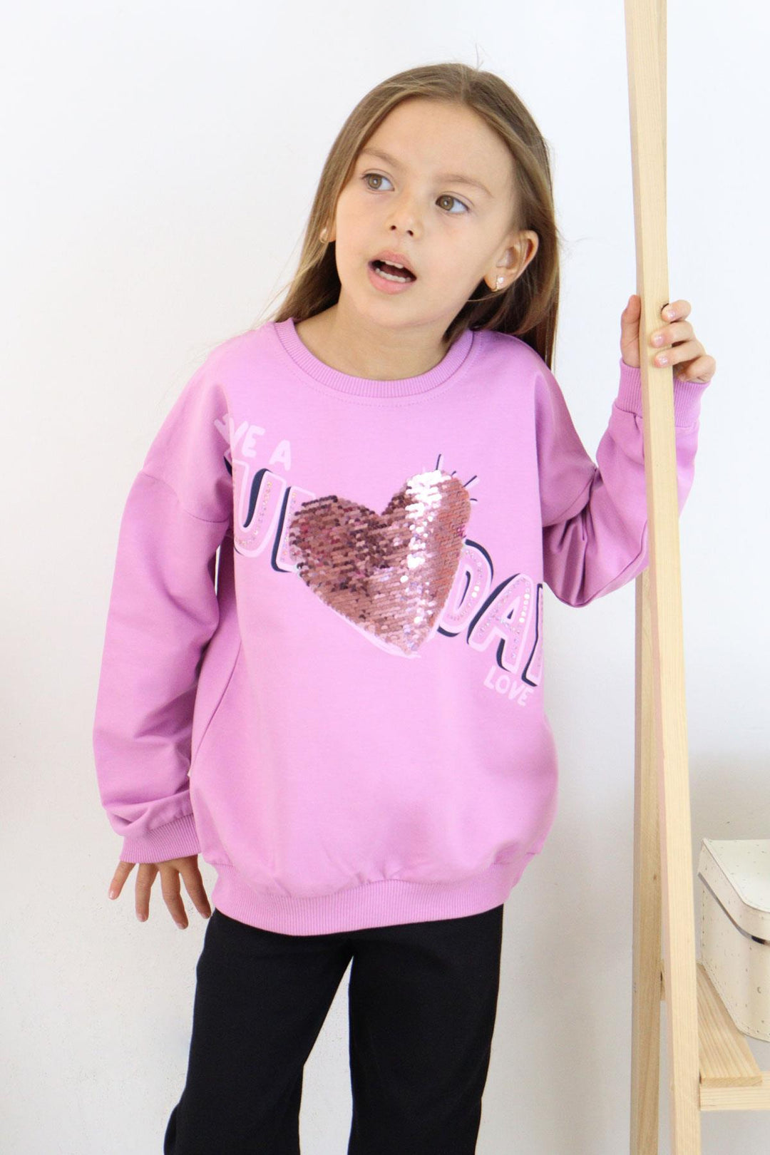 BRE Breeze Girl's Sweatshirt with Sequin Printed Text, 4-8 Years, Lilac - Long Beach