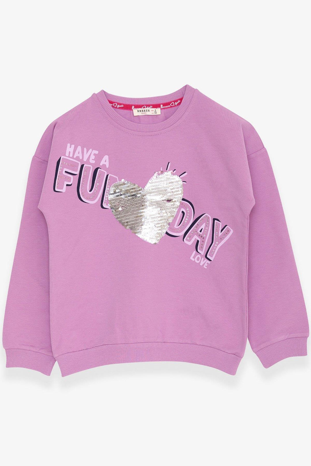 BRE Breeze Girl's Sweatshirt with Sequin Printed Text, 4-8 Years, Lilac - Long Beach