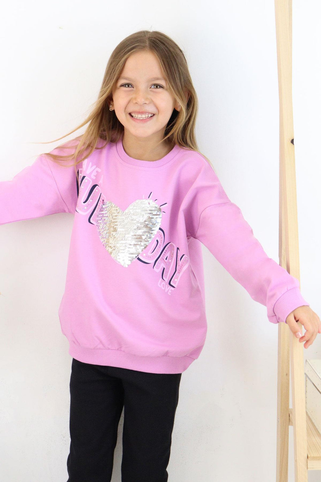 BRE Breeze Girl's Sweatshirt with Sequin Printed Text, 4-8 Years, Lilac - Long Beach