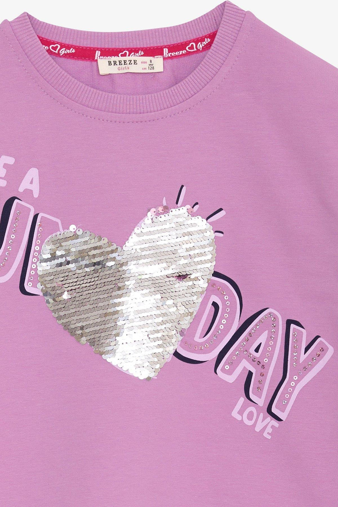 BRE Breeze Girl's Sweatshirt with Sequin Printed Text, 4-8 Years, Lilac - Long Beach