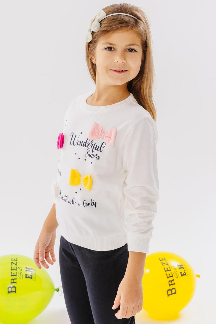 BRE Breeze Girl Child Sweatshirt Colorful Bow Accessorized Printed Text 3-8 Years, Ecru - Mettmann