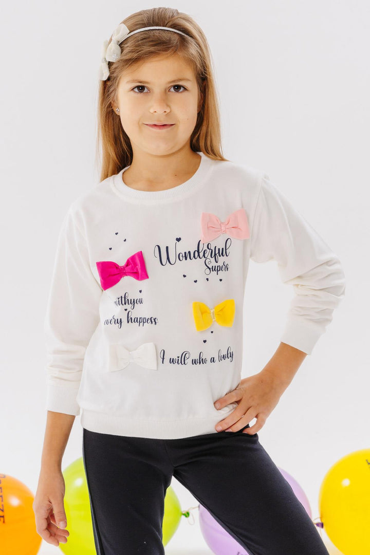 BRE Breeze Girl Child Sweatshirt Colorful Bow Accessorized Printed Text 3-8 Years, Ecru - Mettmann