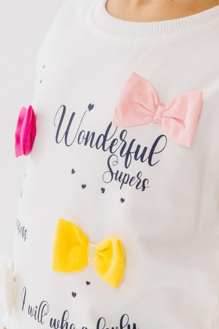 BRE Breeze Girl Child Sweatshirt Colorful Bow Accessorized Printed Text 3-8 Years, Ecru - Mettmann