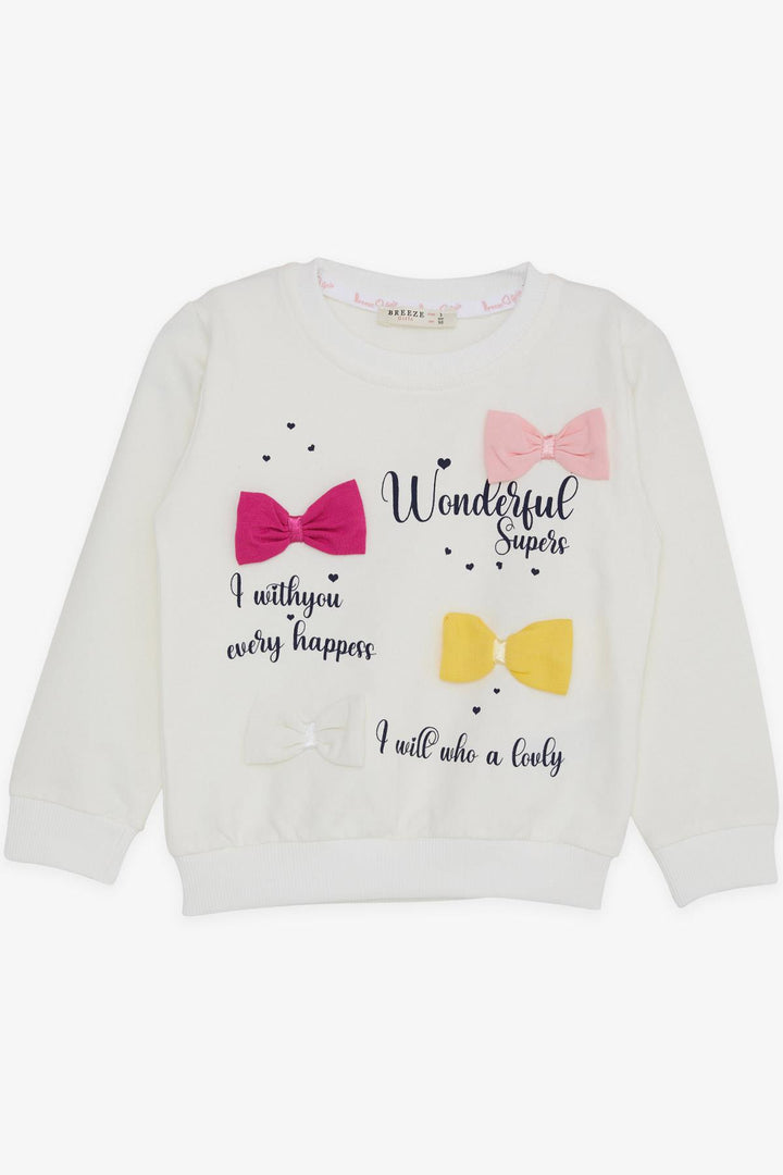 BRE Breeze Girl Child Sweatshirt Colorful Bow Accessorized Printed Text 3-8 Years, Ecru - Mettmann