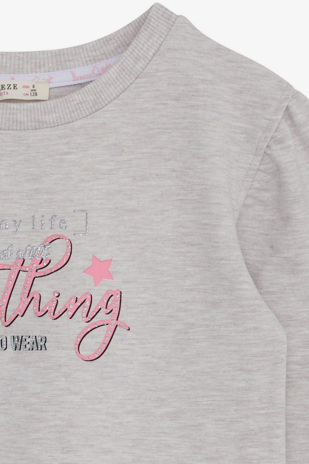 BRE Breeze Girl's Sweatshirt with Glittery Printed Text, 84 Years, Beige Melange - Wyoming