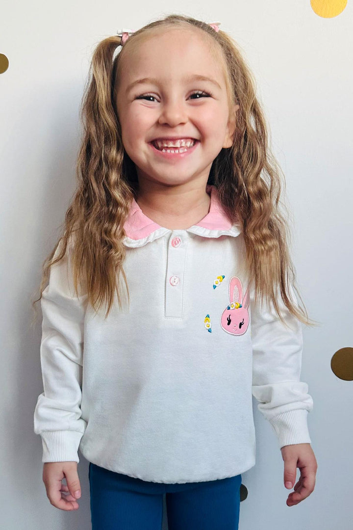 BRE Breeze Girl Child Sweatshirt with Rabbit Embroidery Buttoned 2-6 Years, Ecru - Apizaco