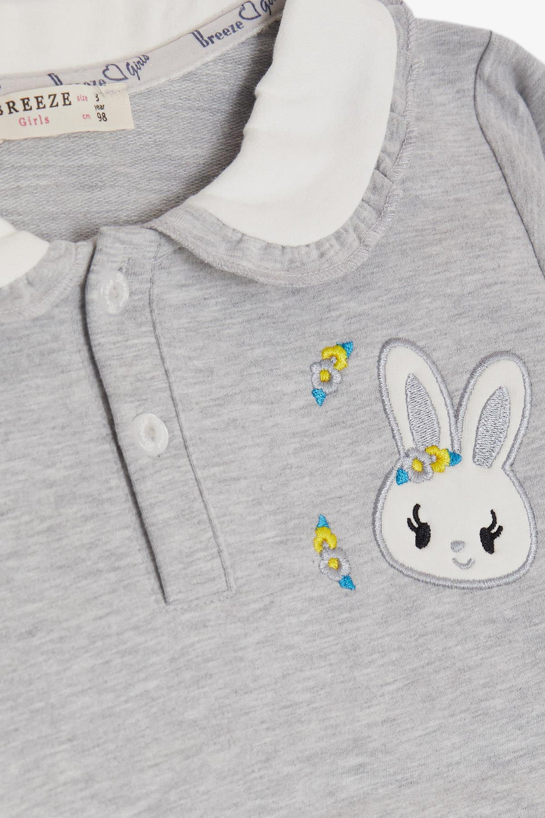 BRE Breeze Girl Child Sweatshirt with Rabbit Embroidery Buttoned 2-6 Years, Light Grey Melange - Dreieich