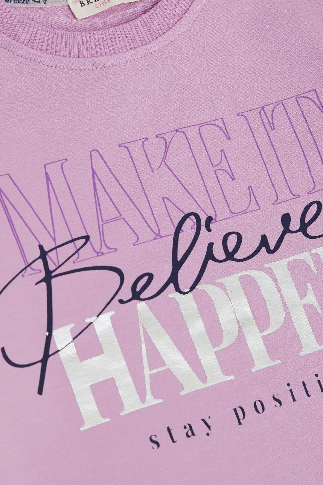 BRE Breeze Girl Child Sweatshirt with Gilded Text Print, 62 Years, Lilac - Tlalmanalco