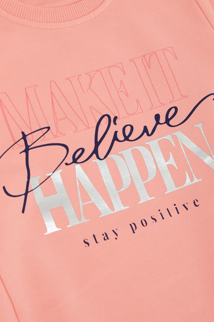 BRE Breeze Girl Child Sweatshirt with Gilded Text Print, 62 Years, Salmon - Garden Grove