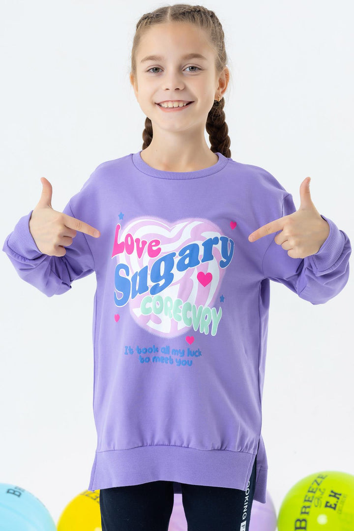 BRE Breeze Girl's Sweatshirt with Printed Writing and Slit, 94 Years, Lilac - Pocatello