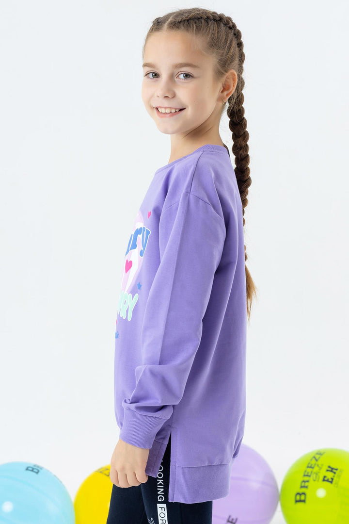 BRE Breeze Girl's Sweatshirt with Printed Writing and Slit, 94 Years, Lilac - Pocatello