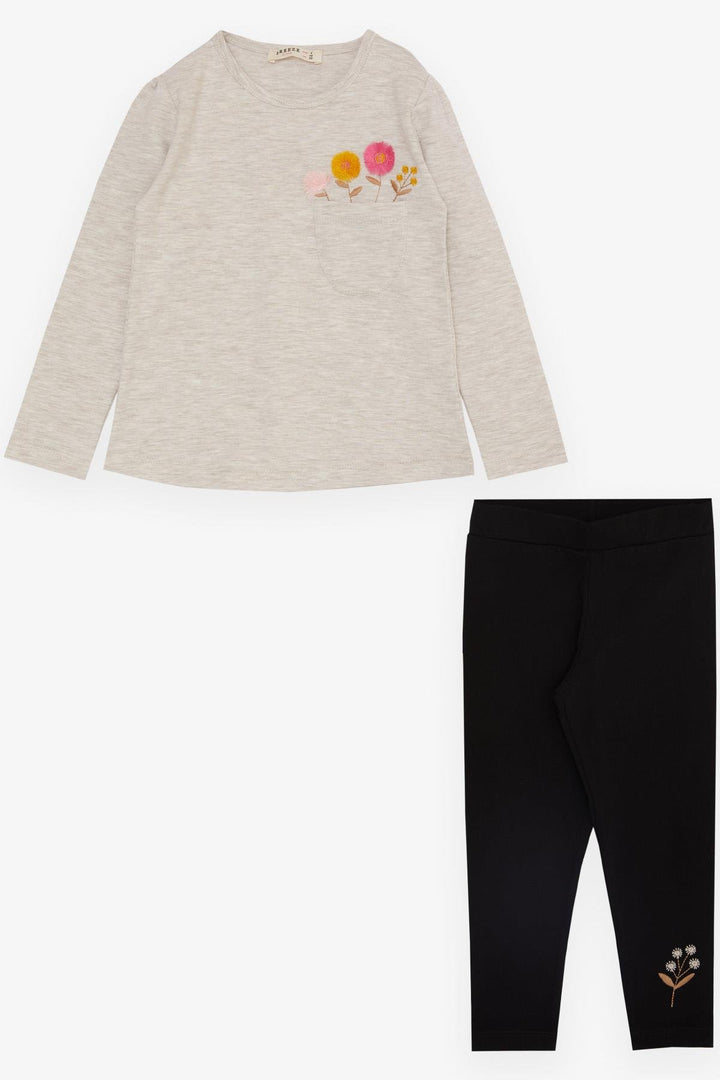 BRE Breeze Girl Child Legging Set with Pocket Flower Tassel Embroidered 3-8 Years, Beige Melange - Bazal’tove