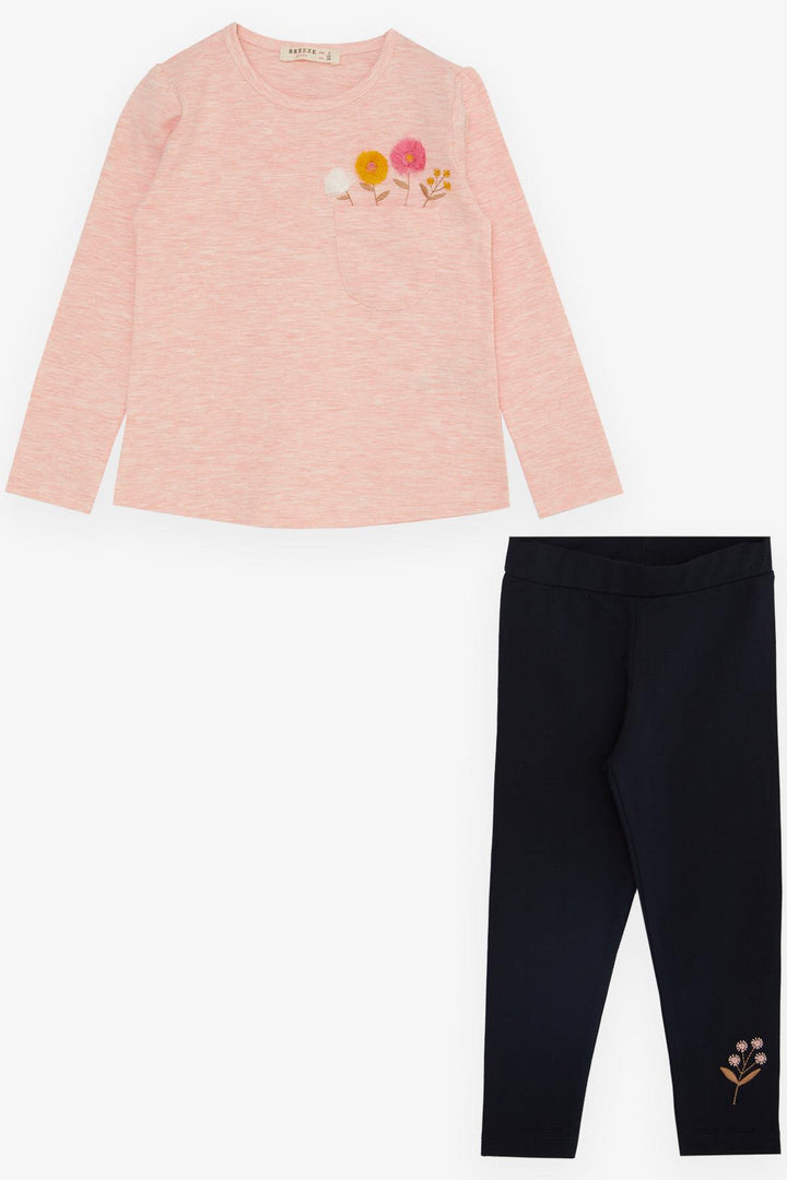 BRE Breeze Girl Child Leggings Set with Pocket Flower Tassel Embroidered 3-8 Years, Salmon Melange - Paterna