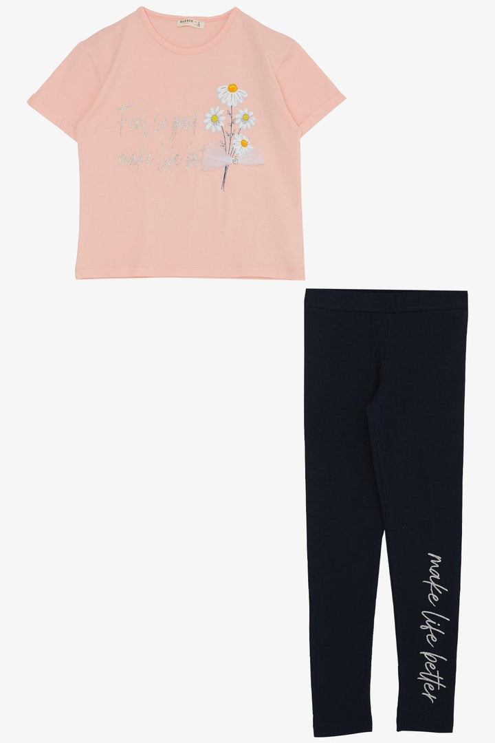 BRE Breeze Girl's Legging Set Flower & Text Printed with Bow, 50 Years, Pink - Merrillville