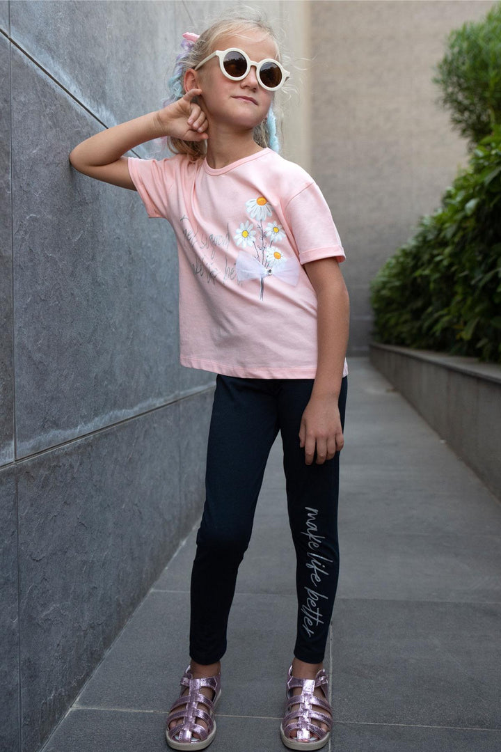 BRE Breeze Girl's Legging Set Flower & Text Printed with Bow, 50 Years, Pink - Merrillville