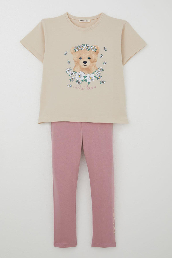 BRE Breeze Girl Child Leggings Set Queen of Flowers Cute Bear Printed 50 Years, Beige - Mandurah