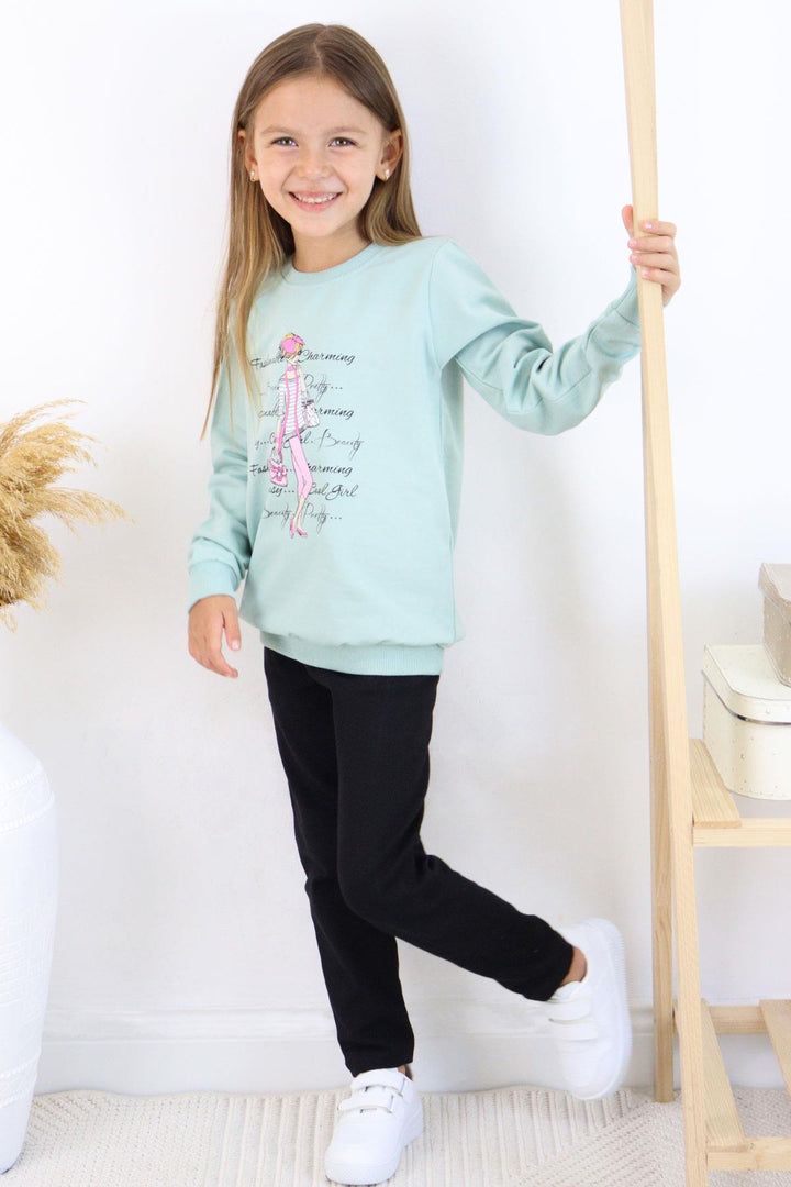 BRE Breeze Girl Child Leggings Set Fashion Themed Cool Girl Printed 50 Years, Mint Green - Vich