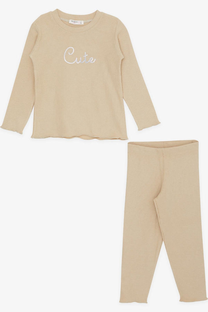 BRE Breeze Girl Child Leggings Set with Sequin Embroidered Writing, 1.5-5 Years, Beige - Hattiesburg