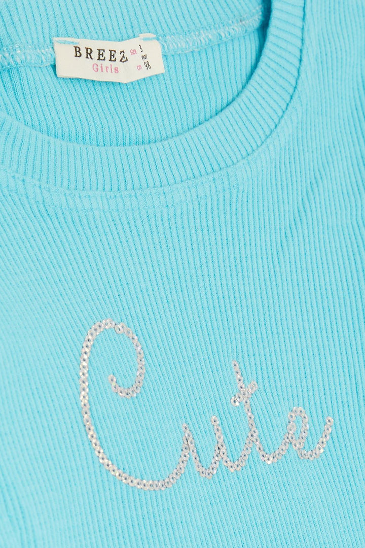 BRE Breeze Girl Child Leggings Set with Sequin Embroidered Writing, 1.5-5 Years, Turquoise - Berchem