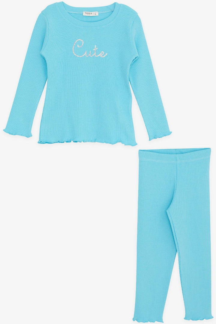 BRE Breeze Girl Child Leggings Set with Sequin Embroidered Writing, 1.5-5 Years, Turquoise - Berchem