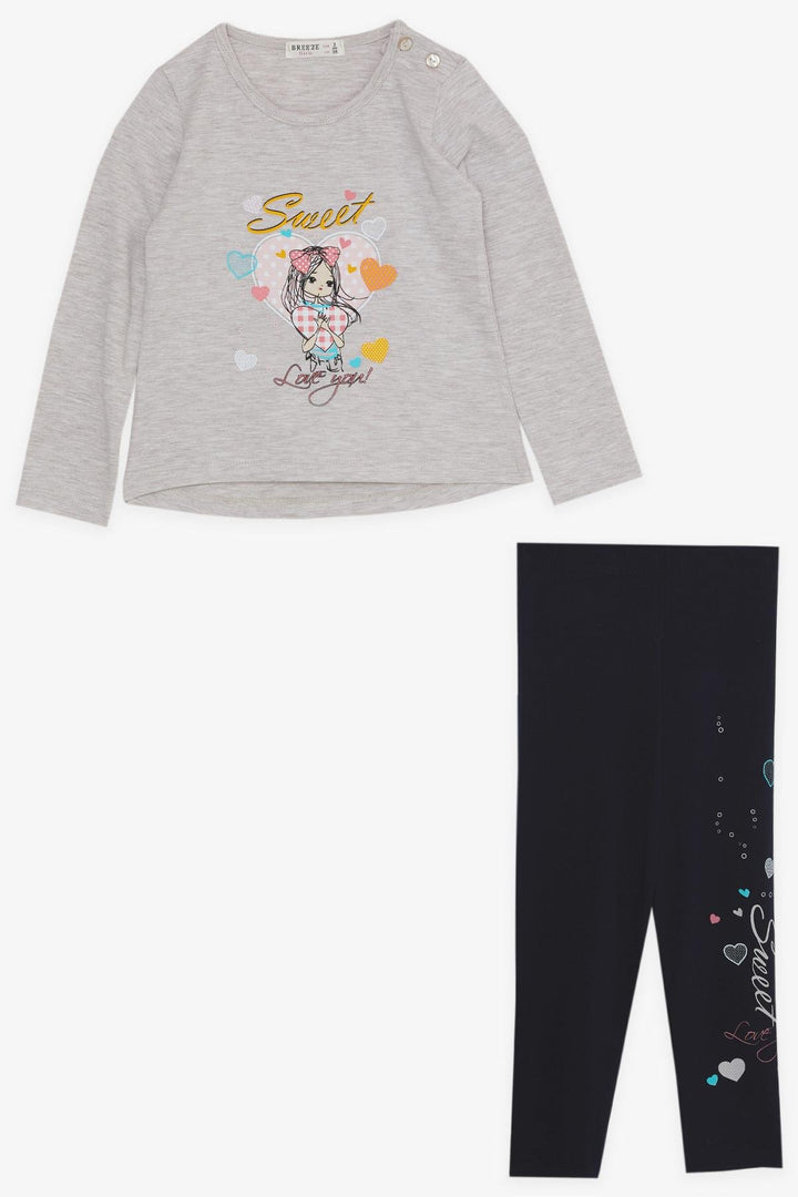 BRE Breeze Girl Child Leggings Set Cute Girl Printed Heart 2-6 Years, Beige Melange - Sittingbourne