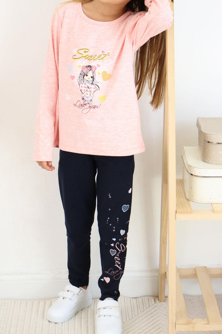 BRE Breeze Girl Child Leggings Set Cute Girl Printed Heart 2-6 Years, Salmon Melange - Gastonia