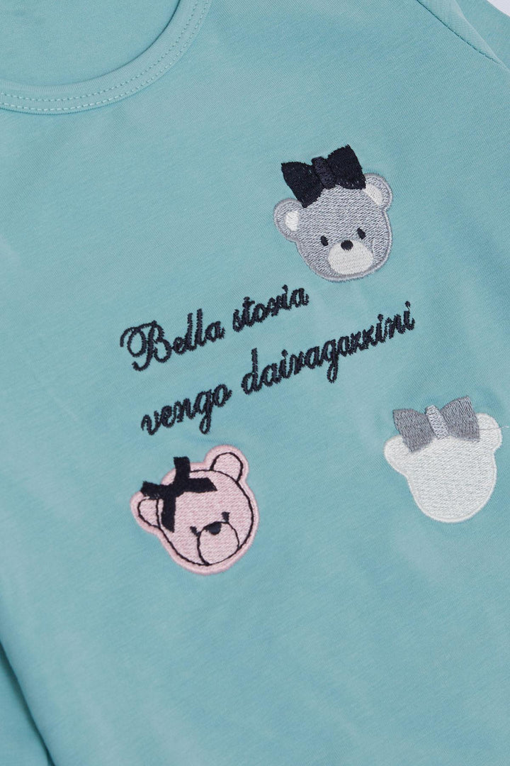 BRE Breeze Girl Child Leggings Set Cute Bear Embroidered Summer Printed 1-4 Years, Aqua Green - Kalinkavichy