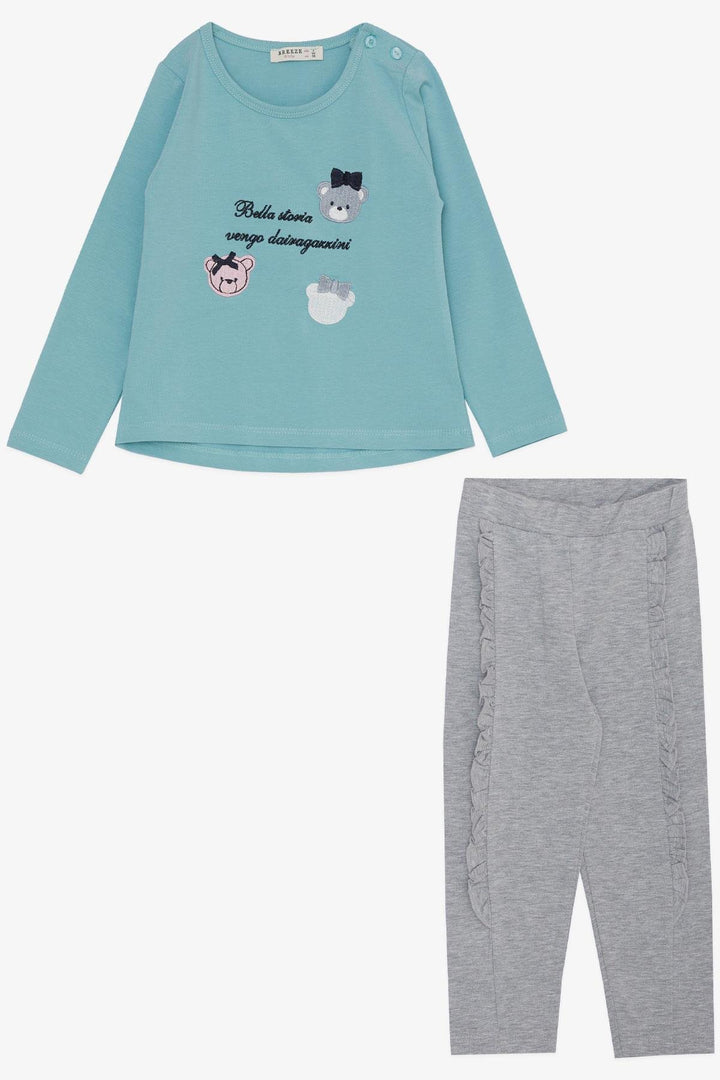 BRE Breeze Girl Child Leggings Set Cute Bear Embroidered Summer Printed 1-4 Years, Aqua Green - Kalinkavichy