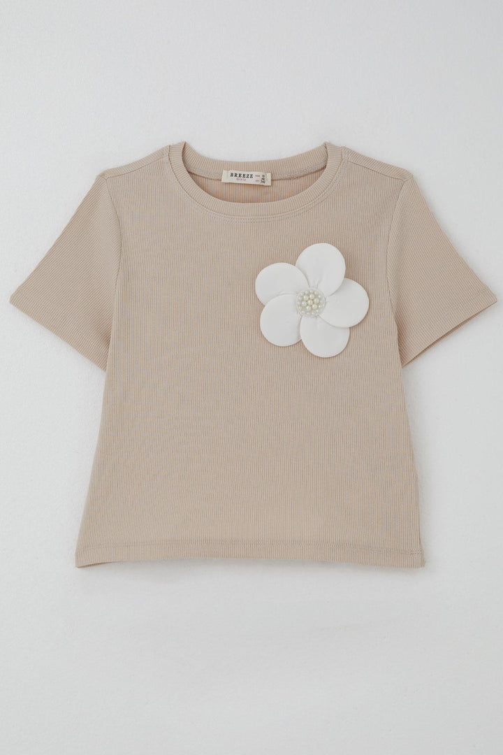 BRE Breeze Girl's T-shirt with Flower Accessories and Pearl Details, 94 Years, Beige - Salamanca