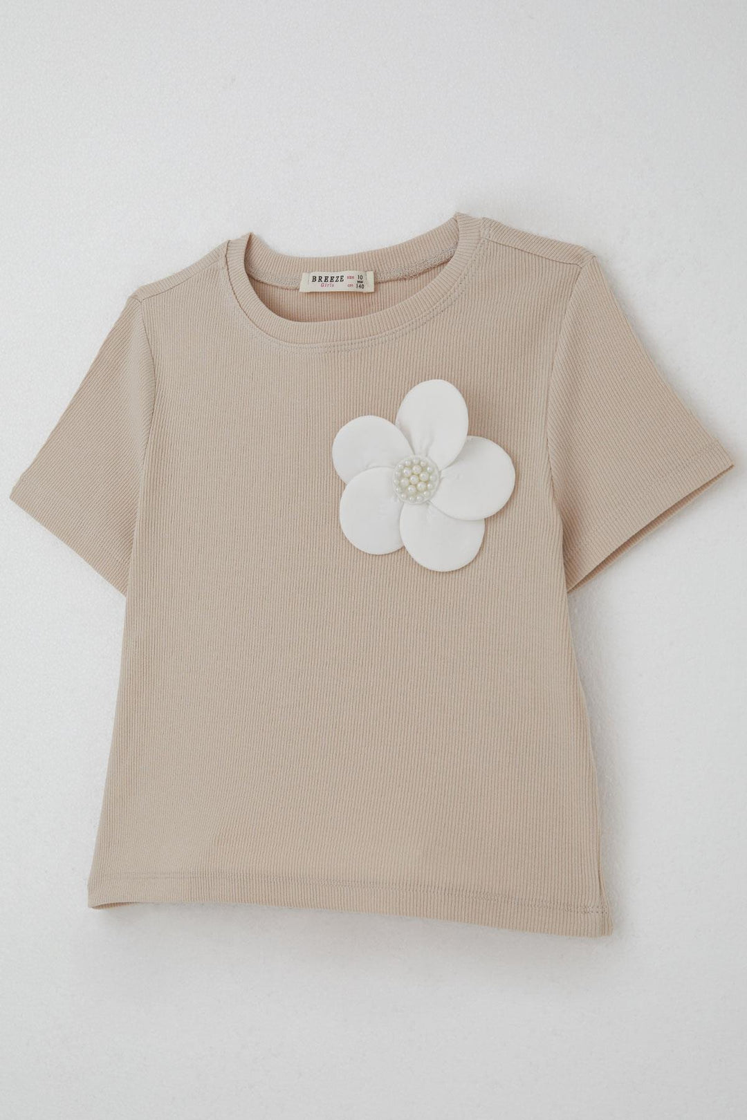 BRE Breeze Girl's T-shirt with Flower Accessories and Pearl Details, 94 Years, Beige - Salamanca